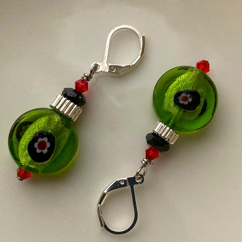 LampWork Bead Earrings with Pink Rosettes